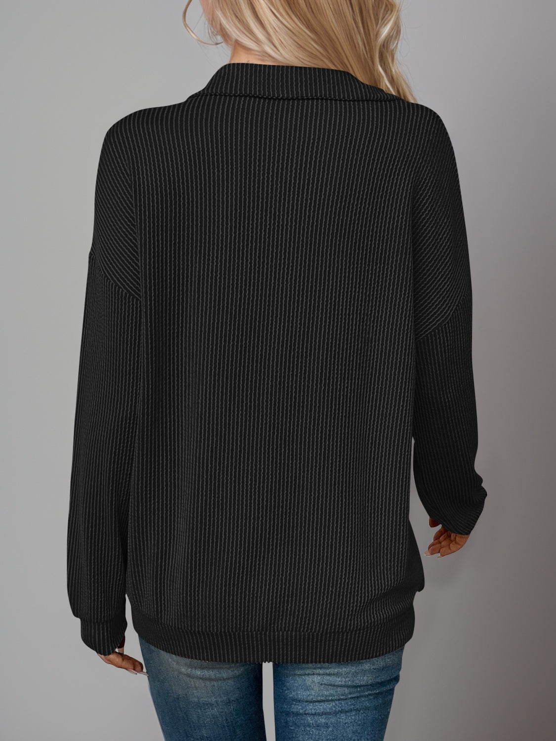 Double Take Striped Half Zip Long Sleeve T-Shirt Black