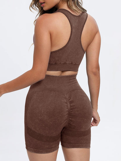 Scoop Neck Wide Strap Top and Shorts Active Set Dark Brown