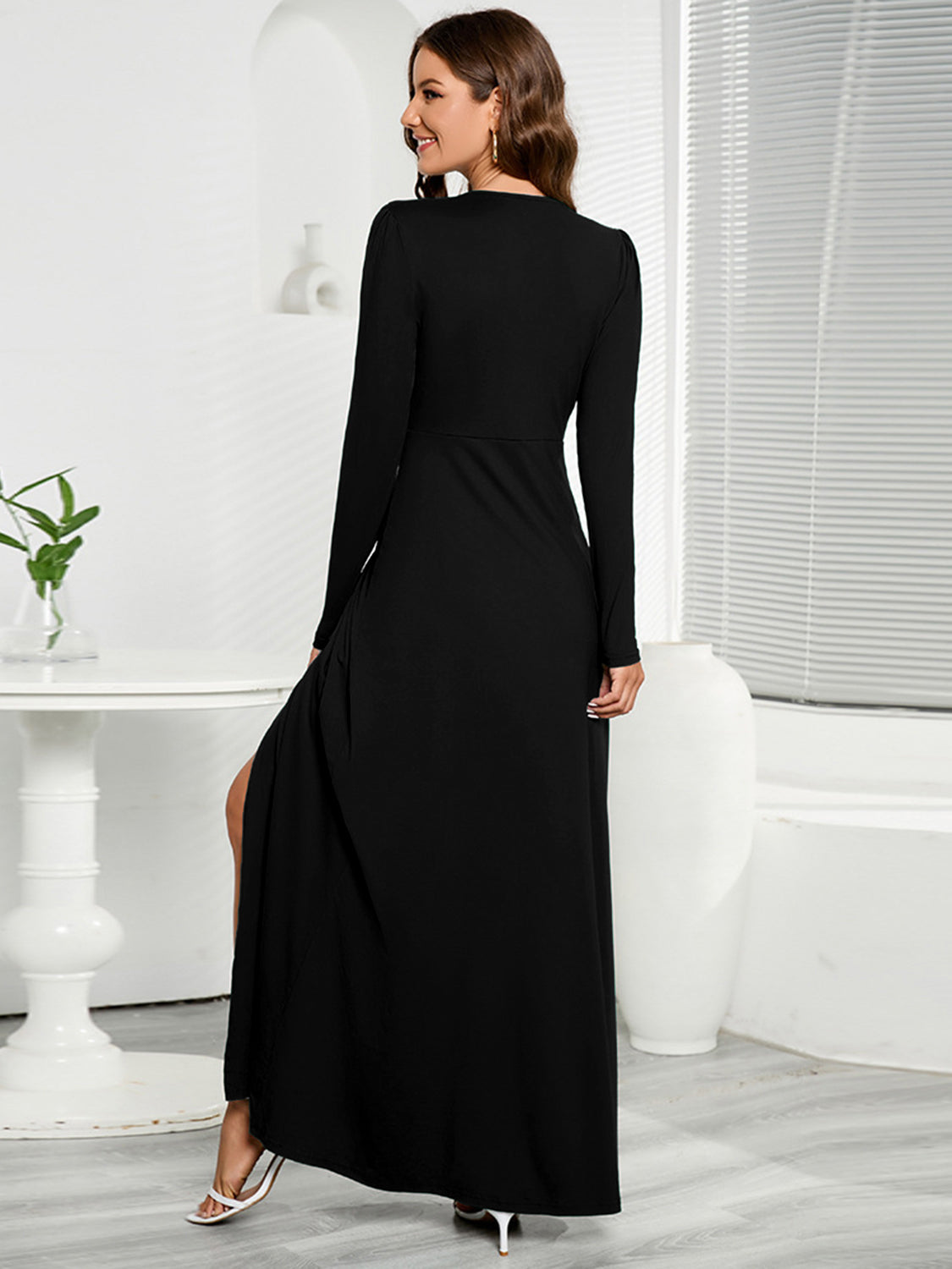 V-Neck Long Sleeve Split Dress Black