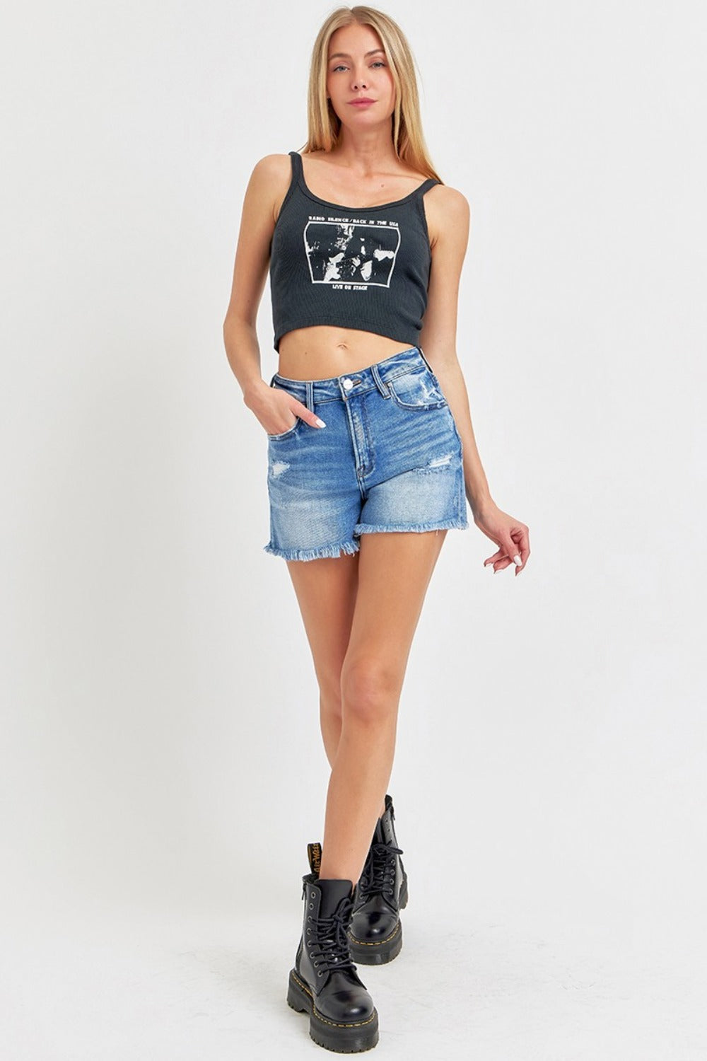 RISEN Full Size High Rise Distressed Raw Hem Denim Shorts Medium