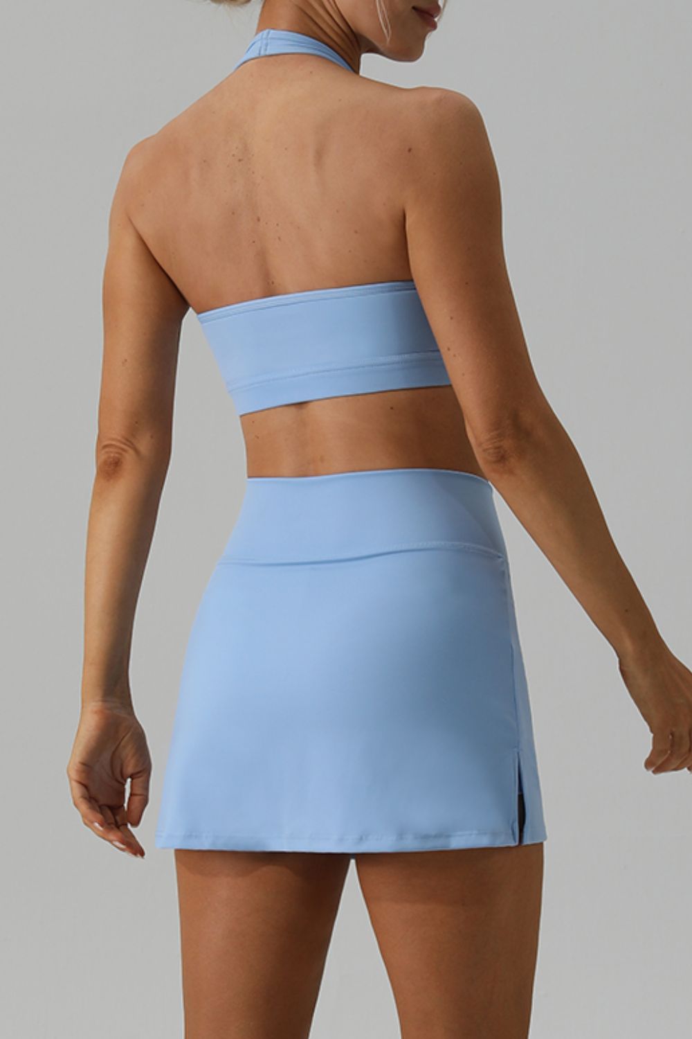 Halter Neck Tank and Slit Skirt Active Set Light Blue