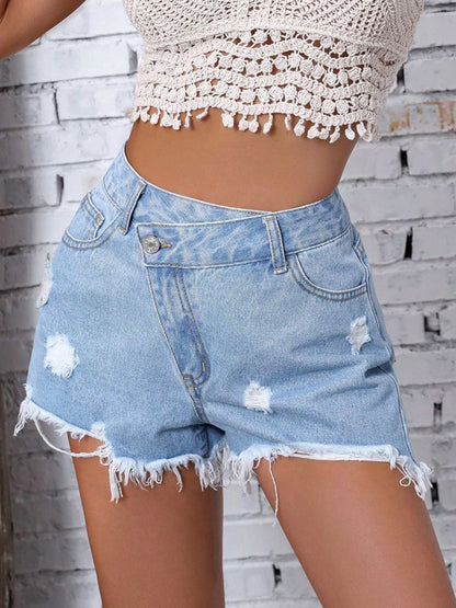 Distressed Raw Hem Denim Shorts Light