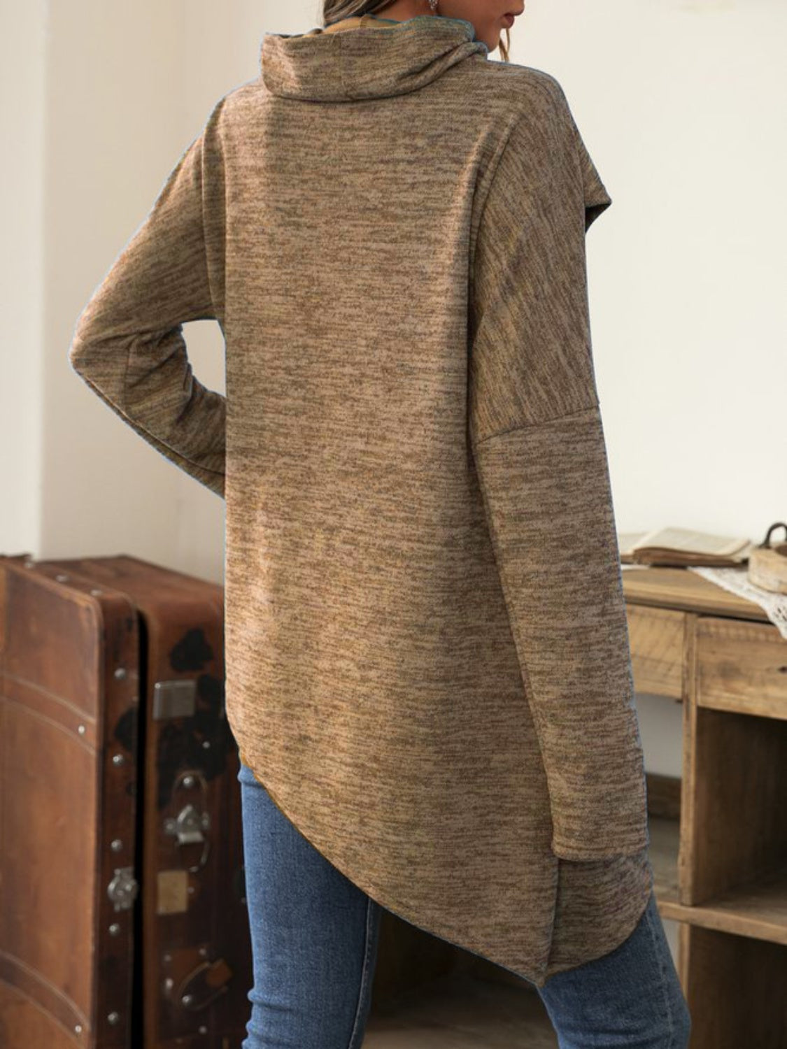 Asymmetrical Hem Cowl Neck Long Sleeve T-Shirt Coffee Brown