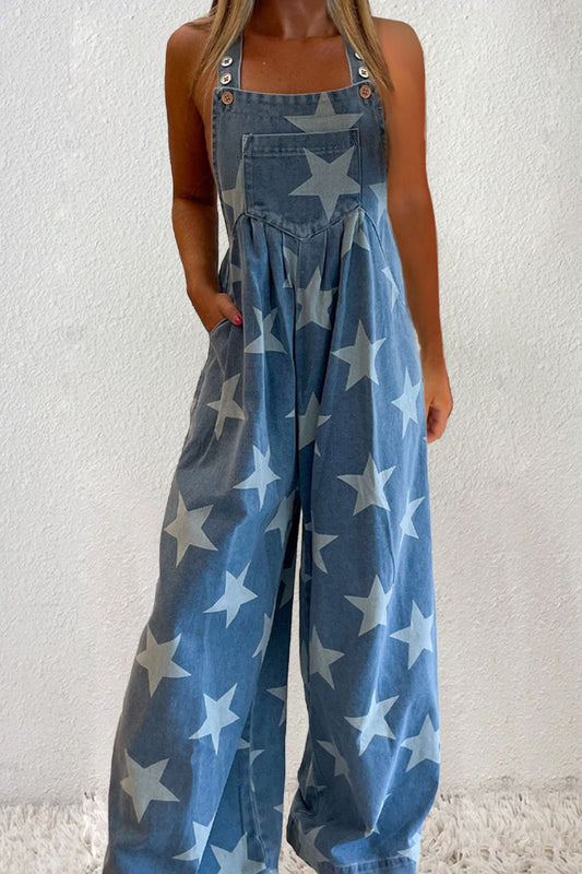 Star Square Neck Wide Leg Denim Overalls Medium