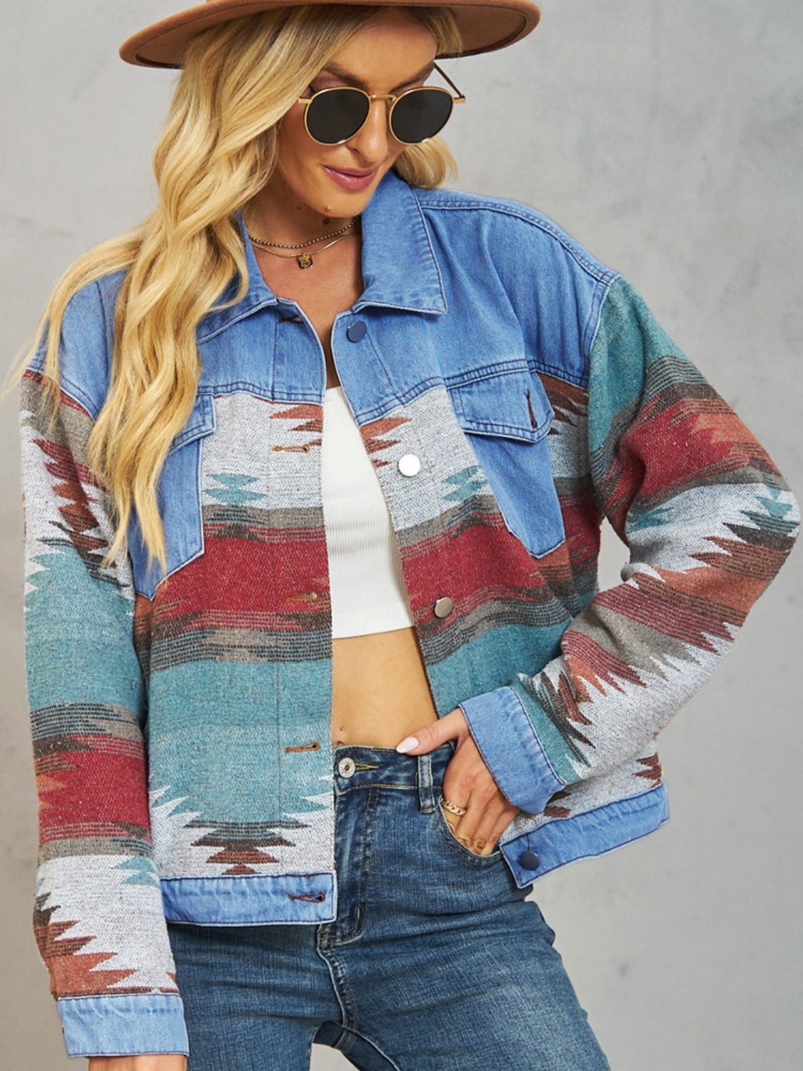 Geometric Button Up Dropped Shoulder Denim Jacket Dusty Blue