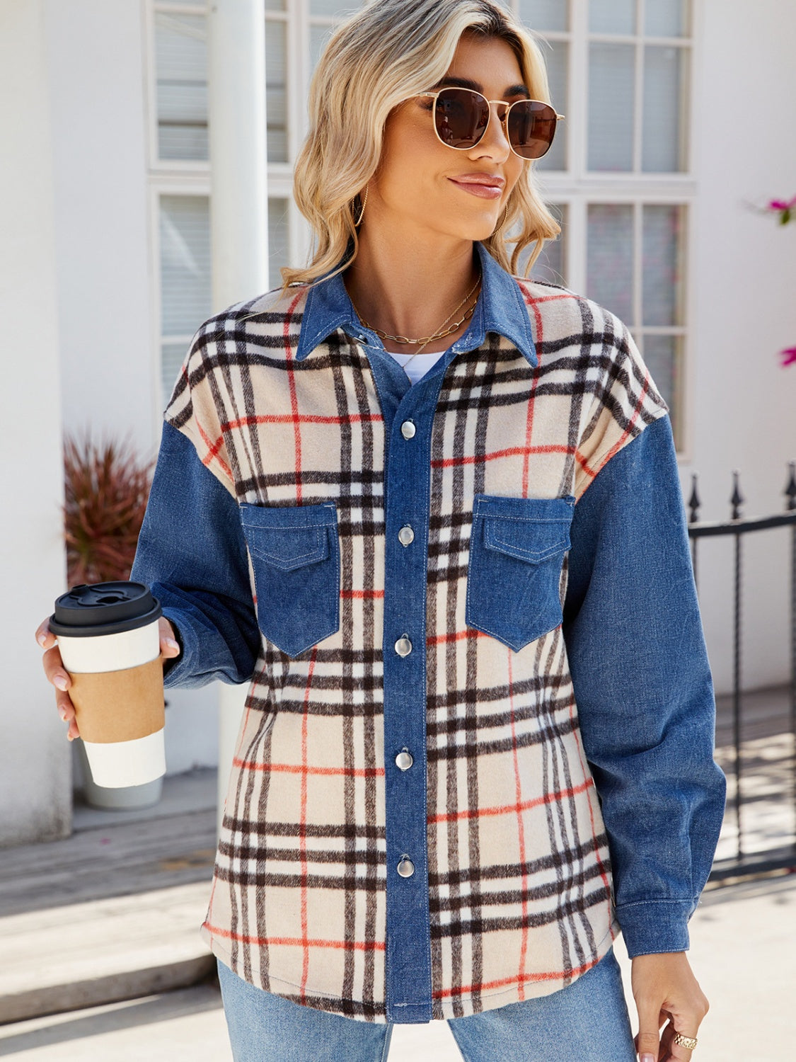 Plaid Long Sleeve Denim Jacket Dusty Blue