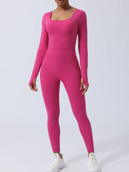 Twisted Backless Long Sleeve Jumpsuit Hot Pink