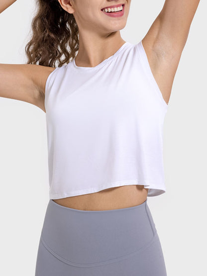 Drawstring Cutout Round Neck Active Tank White