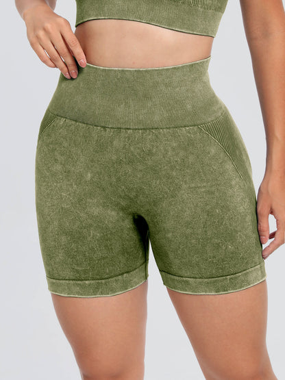 Washed High Waist Active Shorts Yellow-Green