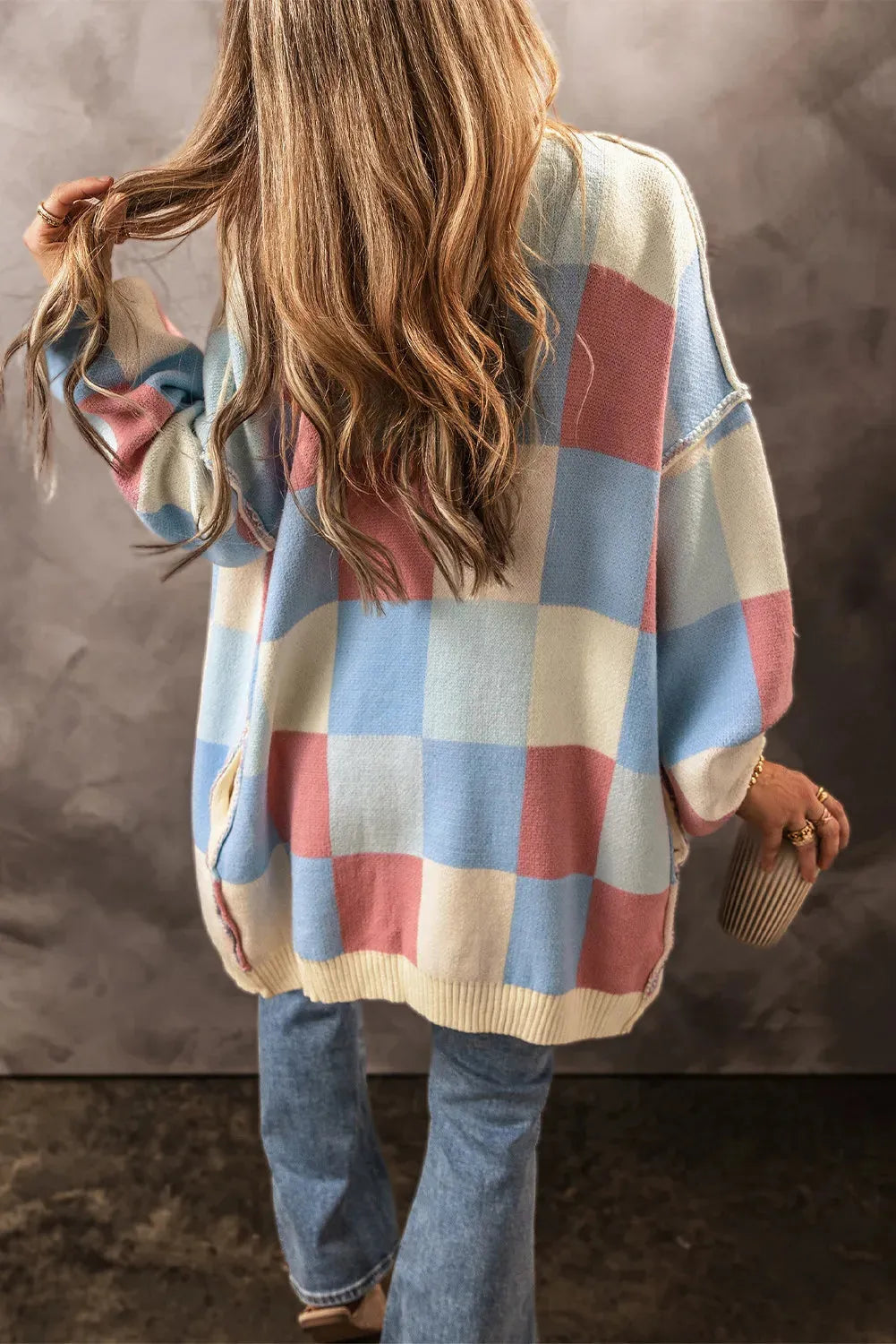 Color Block Open Front Long Sleeve Cardigan Light Blue