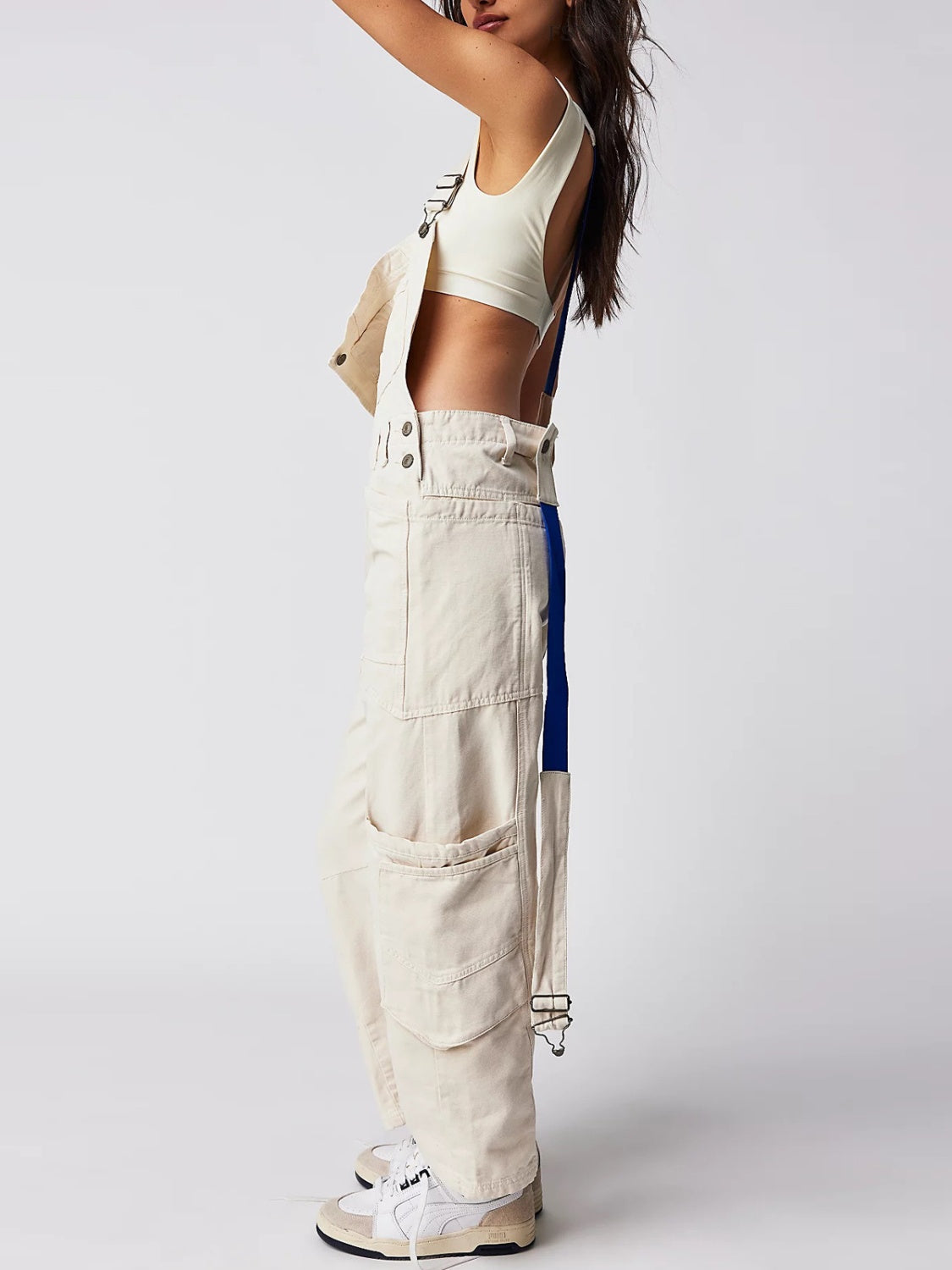 Pocketed Wide Strap Denim Overalls Ivory