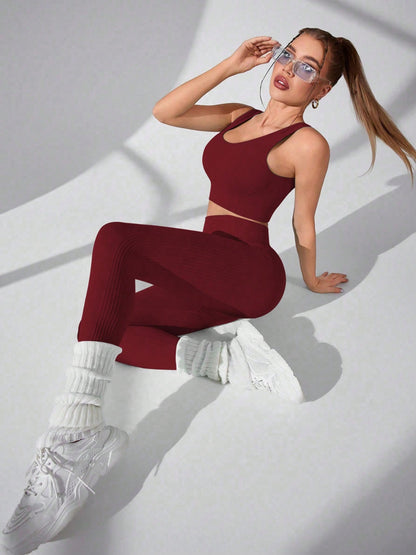 Scoop Neck Wide Strap Top and Pants Active Set Burgundy