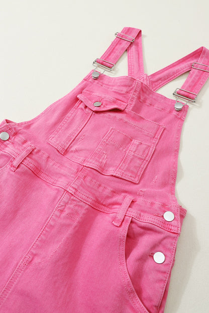 Distressed Pocketed Wide Strap Denim Overalls Pink