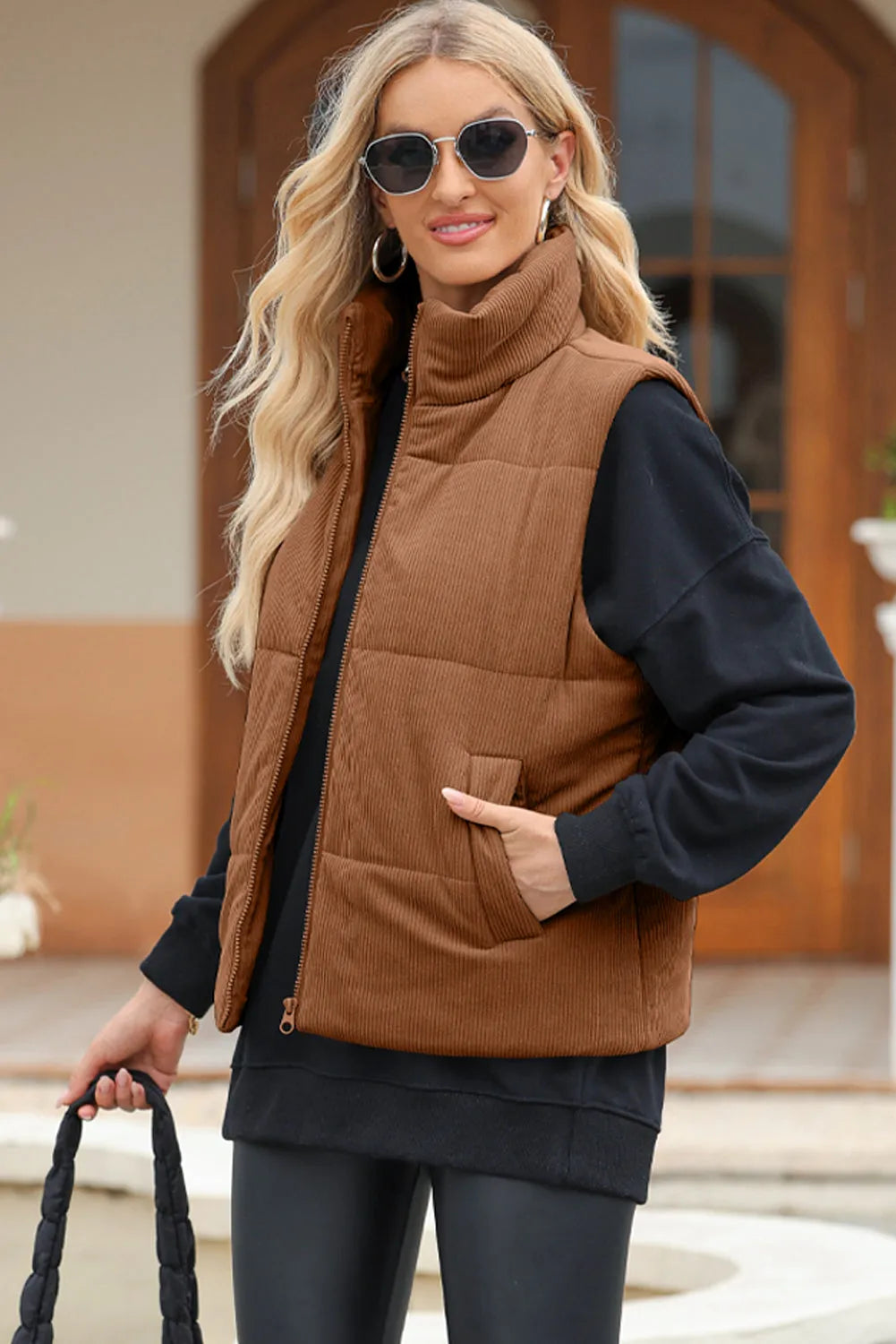 Pocketed Zip Up Turtleneck Vest Coat Brown