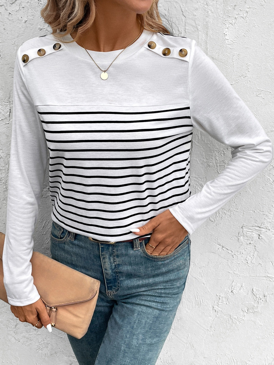 Decorative Button Striped Round Neck Long Sleeve T-Shirt Stripe