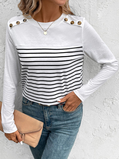 Decorative Button Striped Round Neck Long Sleeve T-Shirt Stripe