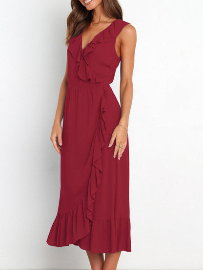 Ruffled Surplice Sleeveless Midi Dress Burgundy