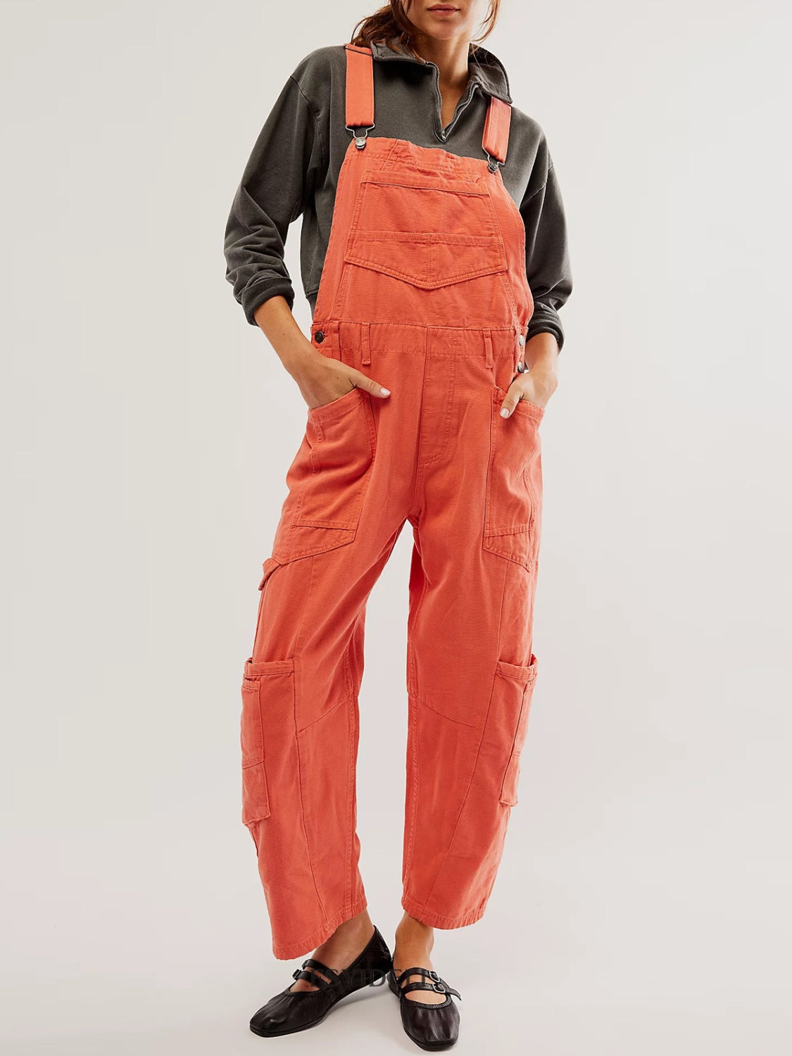 Pocketed Wide Strap Denim Overalls Orange