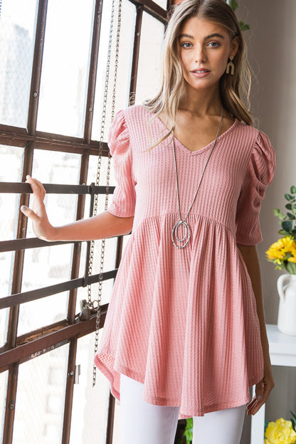 Heimish Full Size Waffle Knit V-Neck Babydoll Top ROSE