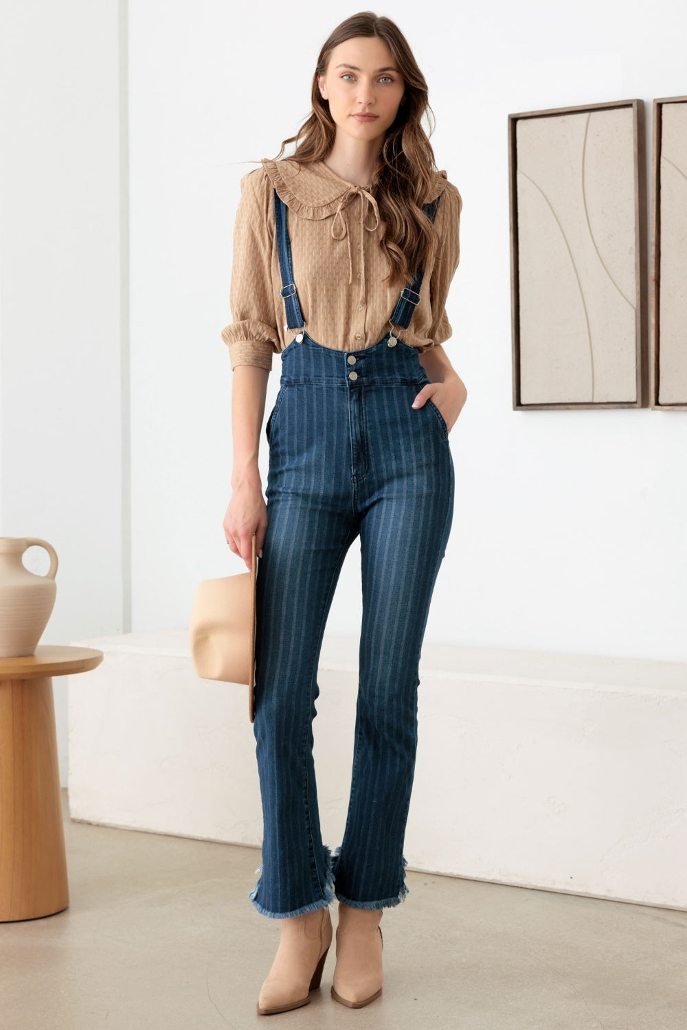 Litz La Striped Stretched Suspender Denim Overalls Dark Denim