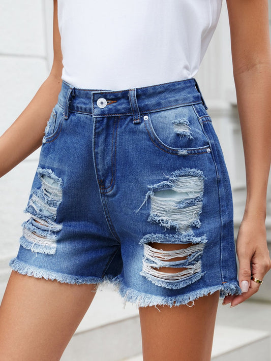 Distressed Raw Hem Denim Shorts Medium