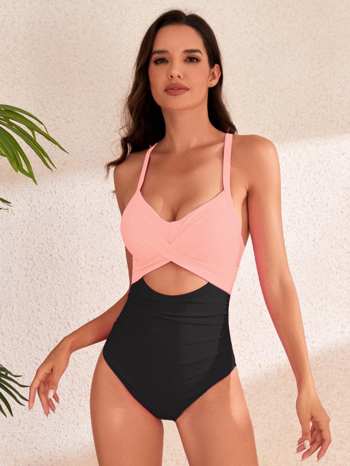 Crisscross Cutout V-Neck One-Piece Swimwear Watermelon pink