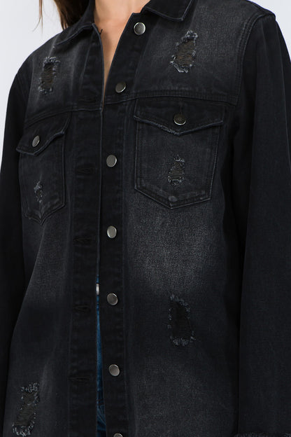 American Bazi Distressed Frayed Hem Denim Jacket Black