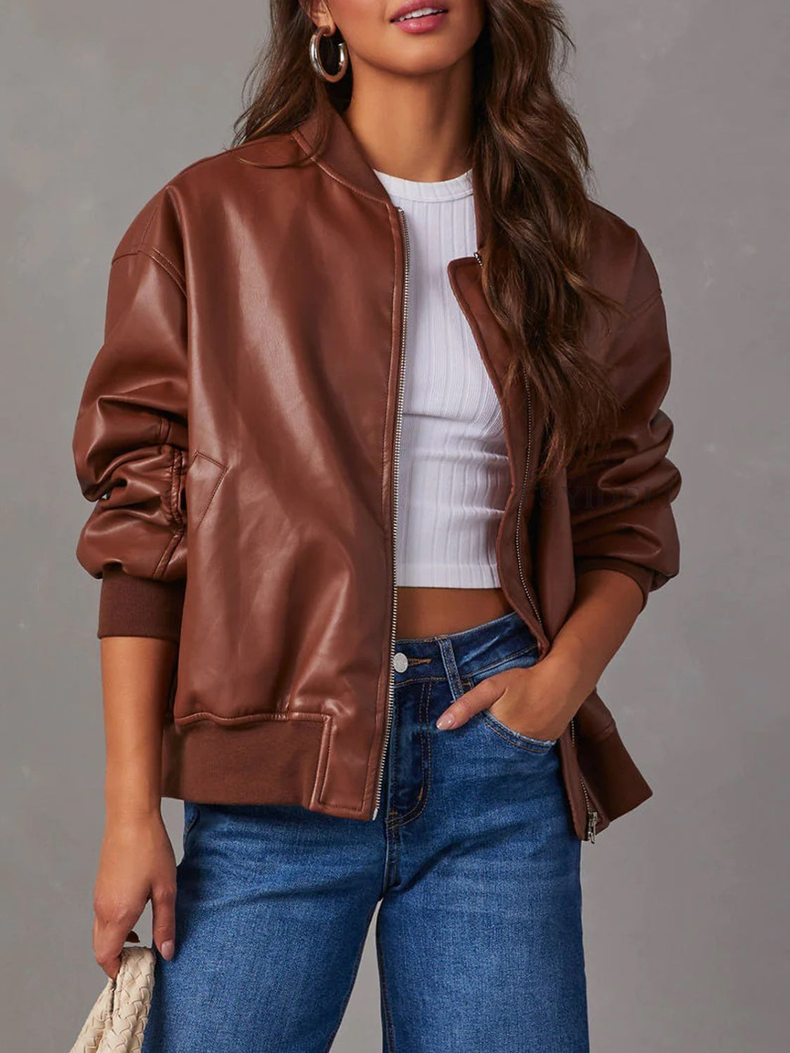 Zip Up Long Sleeve Jacket Brown