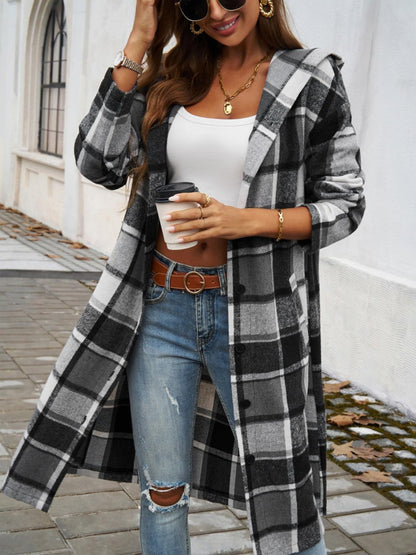 Plaid Long Sleeve Hooded Coat Dark Gray