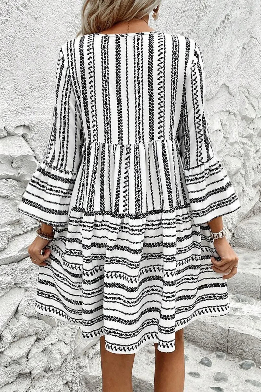 Printed Tie Neck Three-Quarter Sleeve Mini Dress White