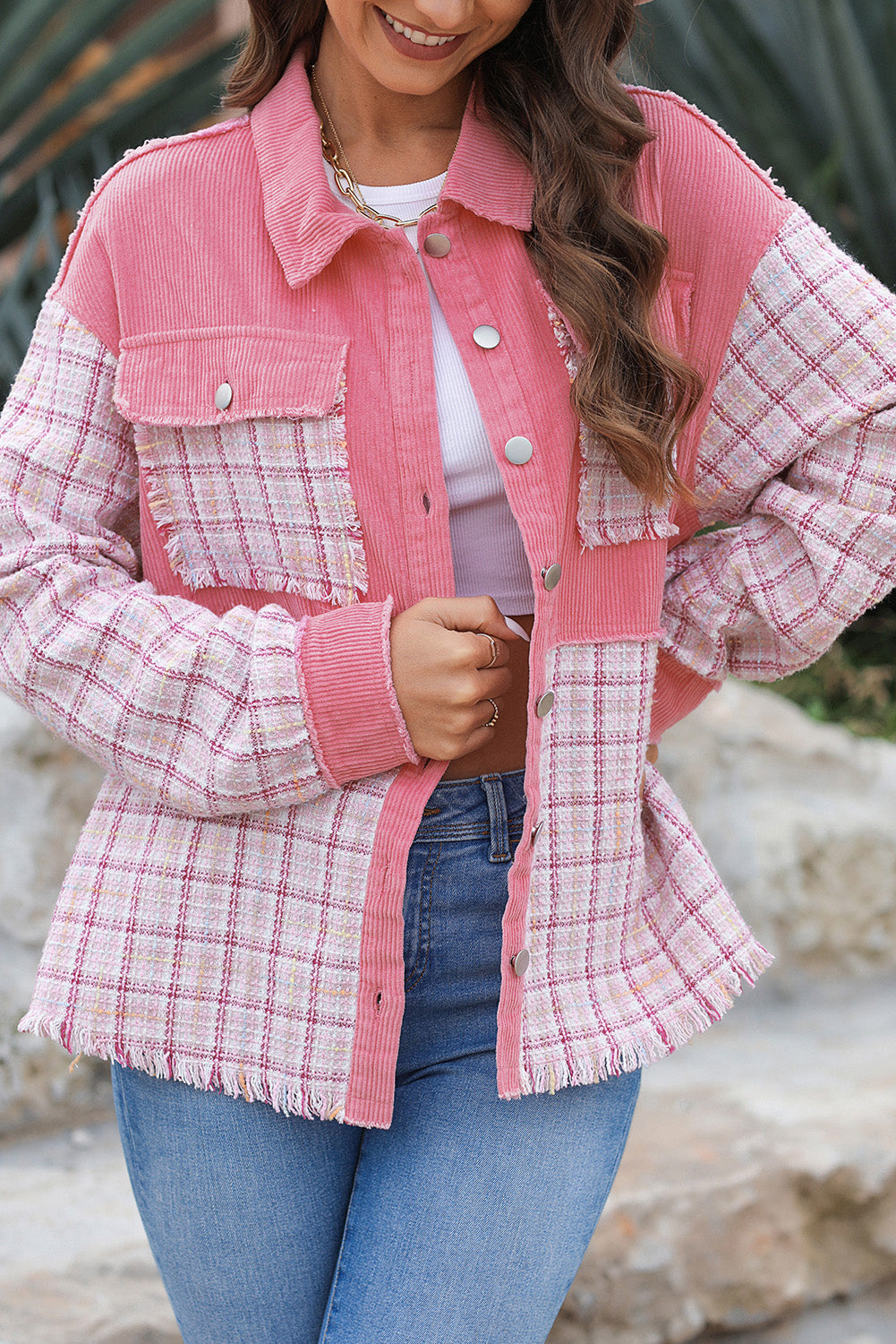 Plaid Button Up Long Sleeve Jacket Blush Pink