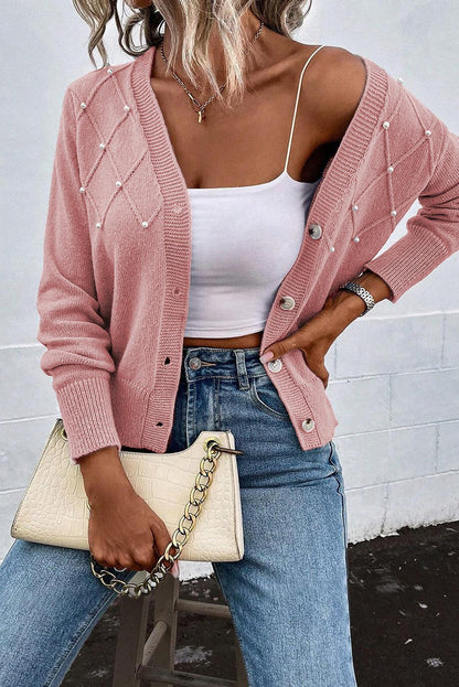 Pearl Trim Button Up Cardigan Blush Pink