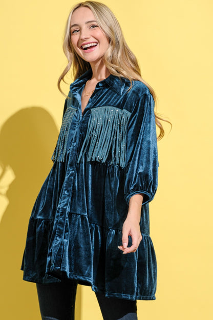 And The Why Fringe Detailed Velvet Shirt Dress Teal