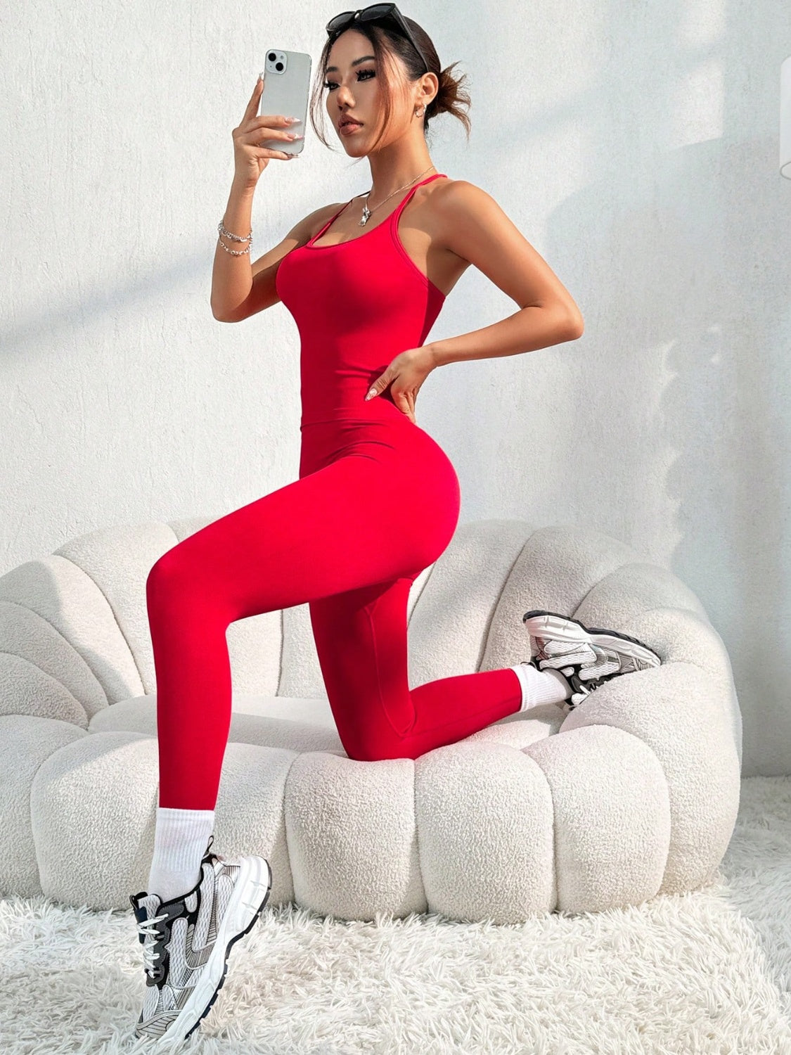 Scoop Neck Top and Pants Active Set Red