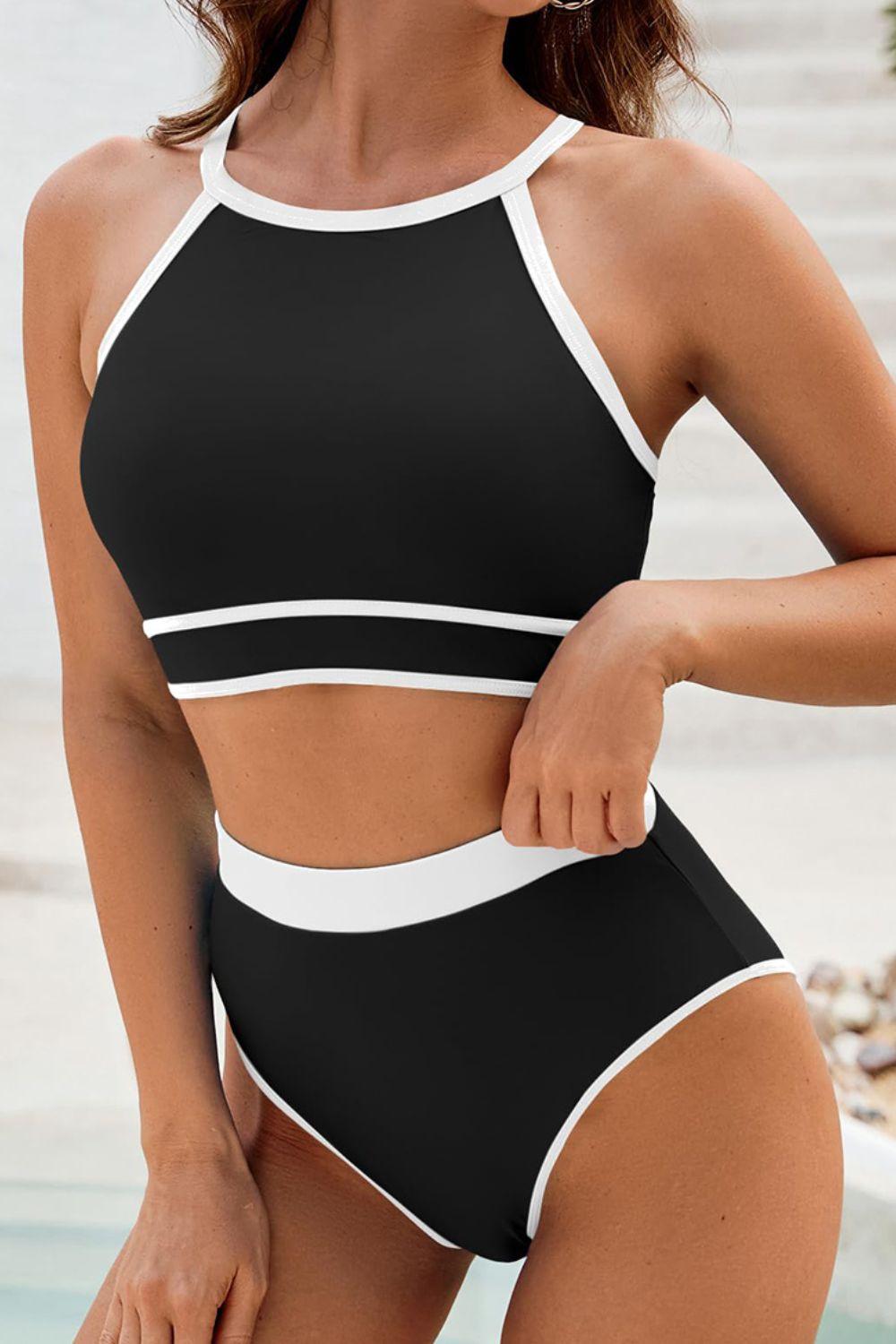 Crisscross Contrast Trim Bikini Set Black