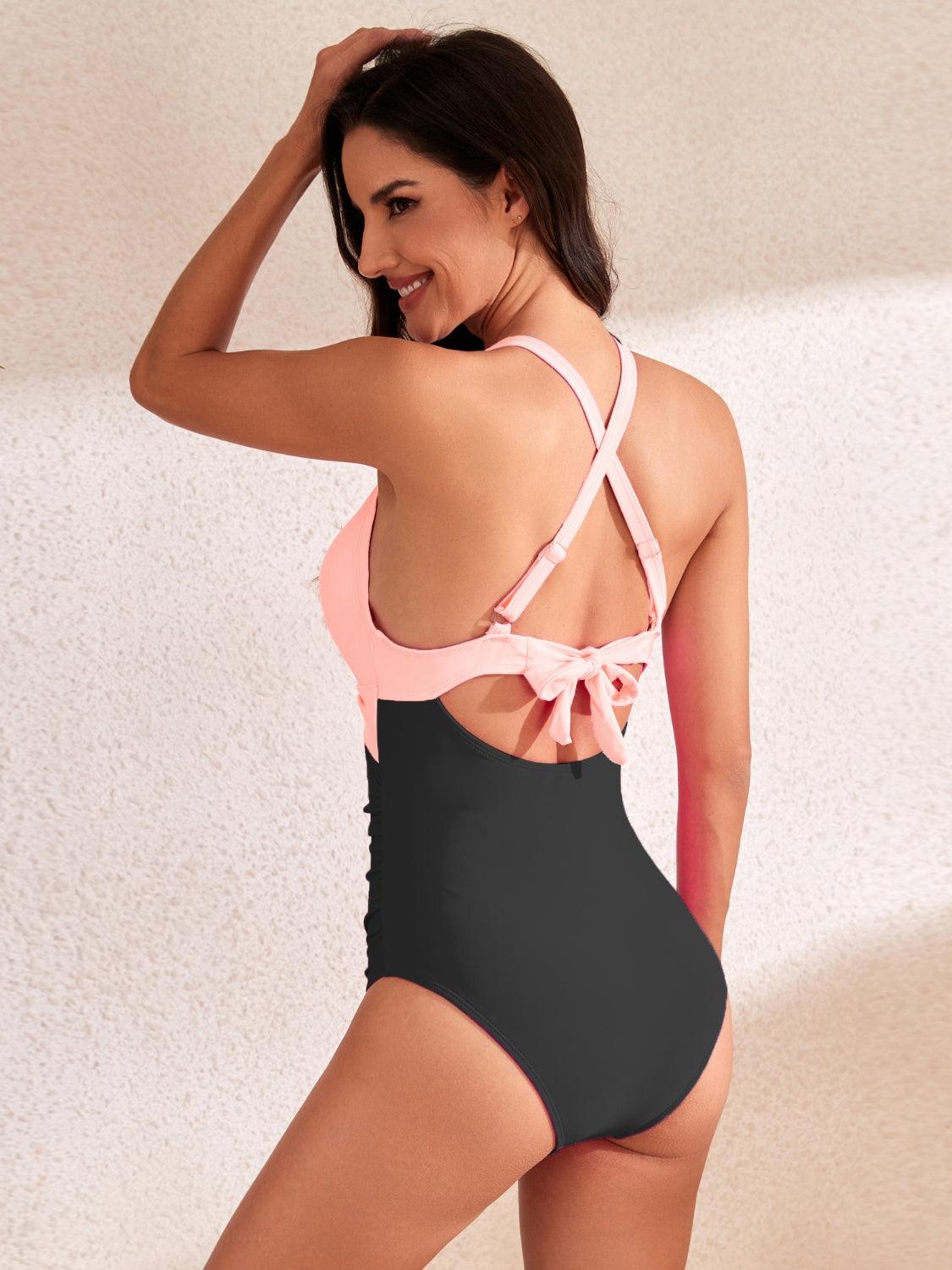 Crisscross Cutout V-Neck One-Piece Swimwear Watermelon pink