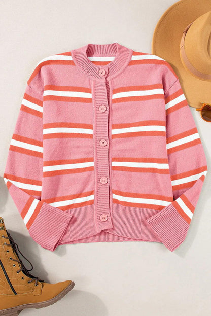 Striped Button Up Long Sleeve Cardigan Blush Pink