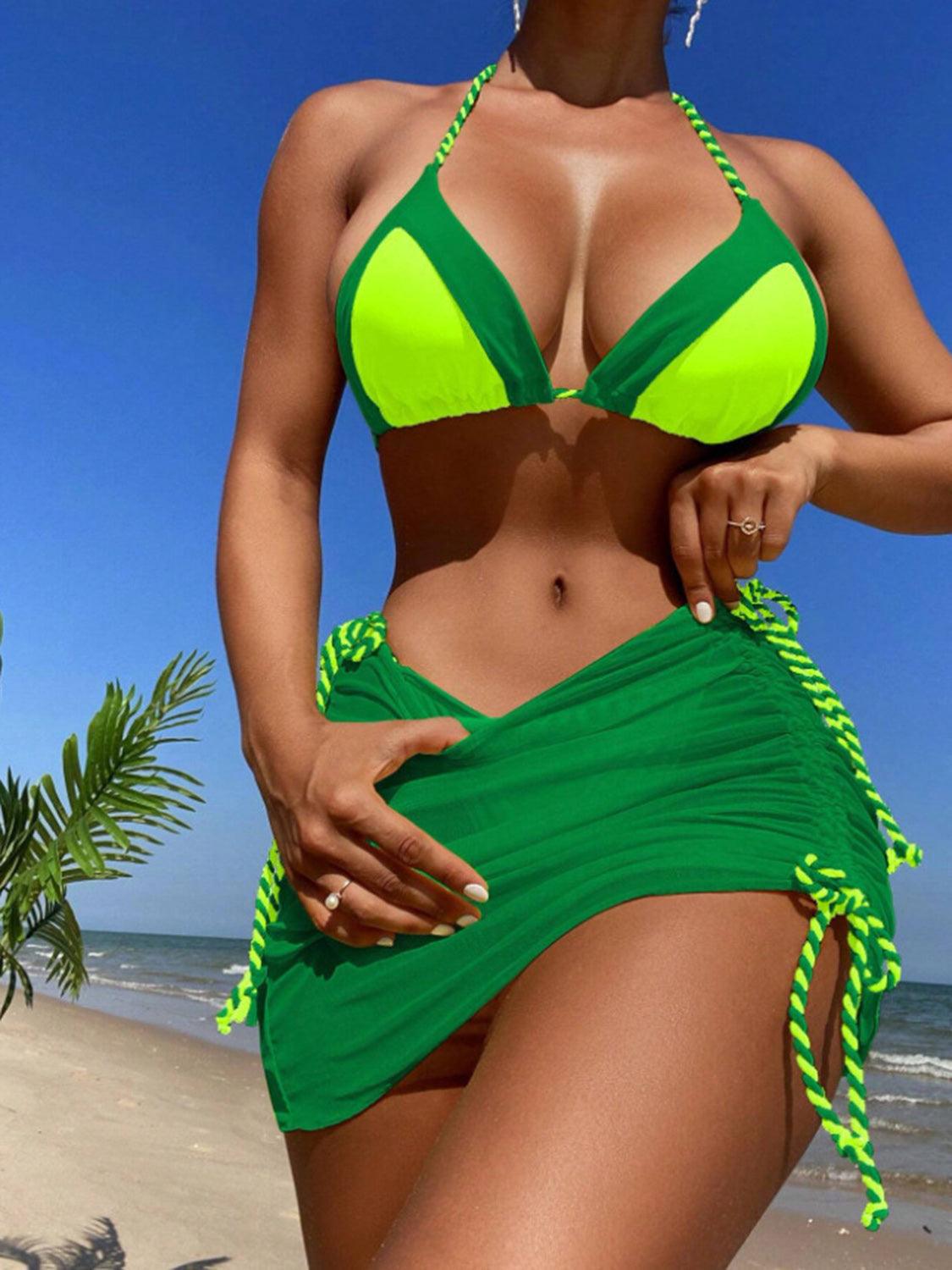 Contrast Tied Three-Piece Swim Set Dark Green