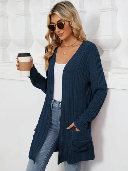 Pocketed Open Front Long Sleeve Cardigan