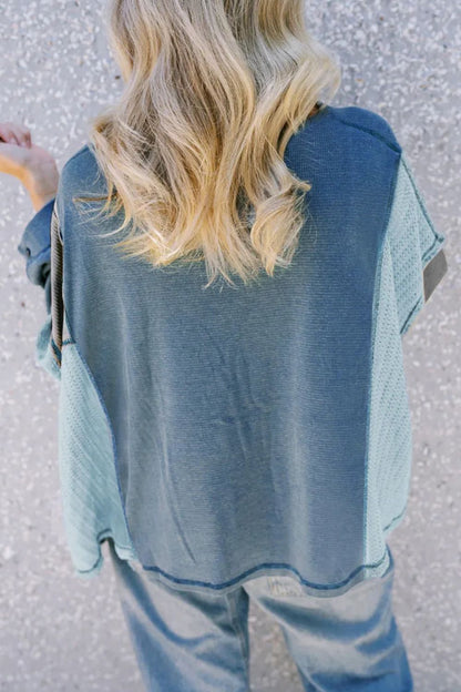 Patchwork Color Block Round Neck Long Sleeve Top Dusty Blue