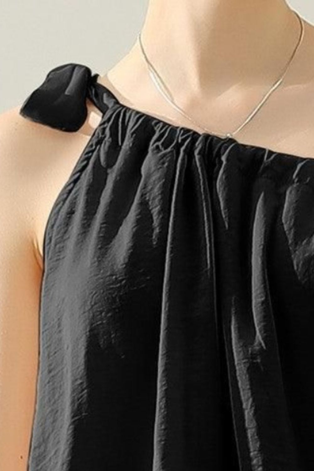 Ninexis One Shoulder Bow Tie Strap Satin Silk Top Black