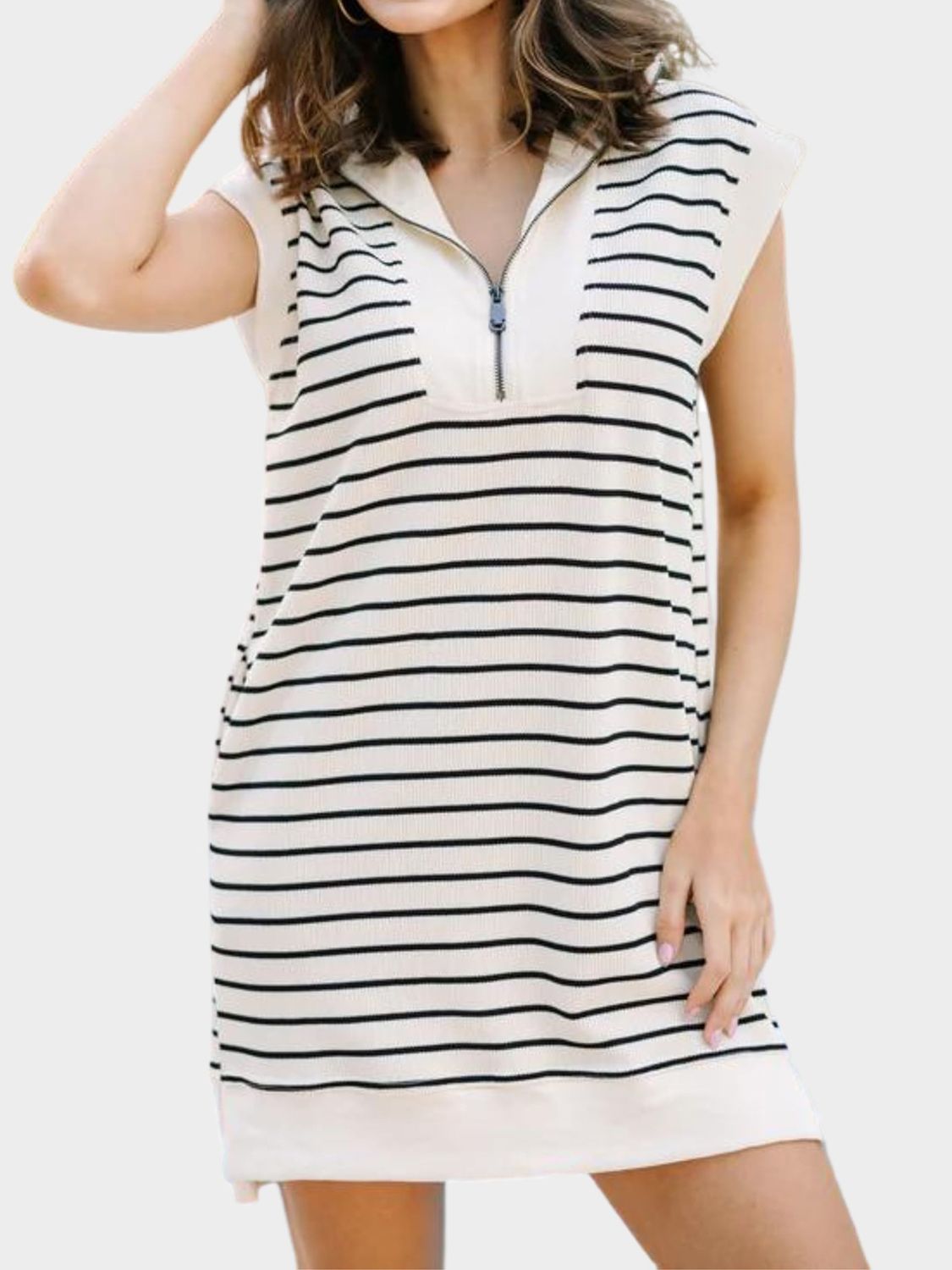 Full Size Pocketed Striped Quarter Zip Cap Sleeve Dress Cream