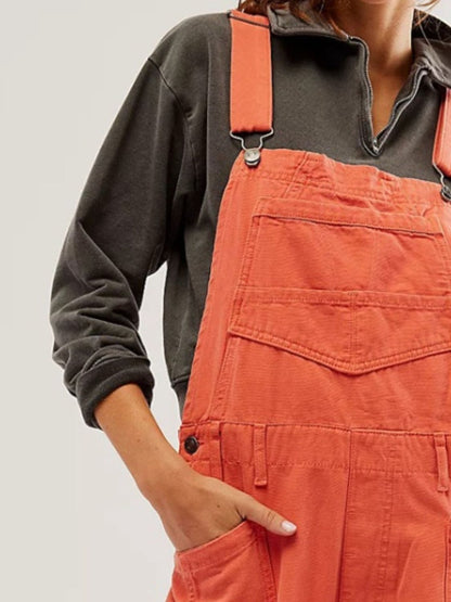 Pocketed Wide Strap Denim Overalls Orange