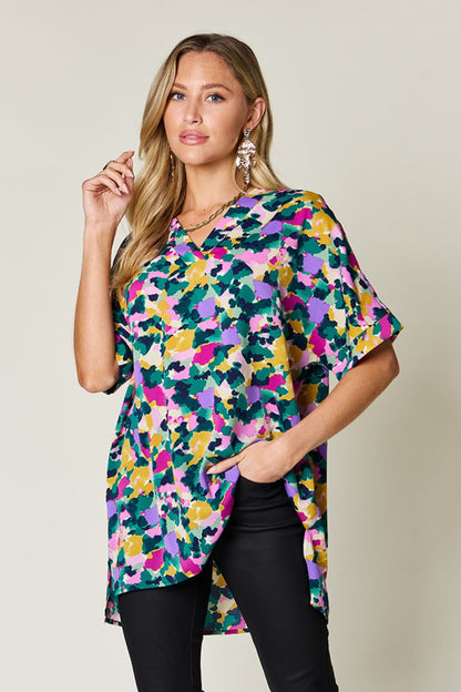 Double Take Full Size Printed V-Neck Short Sleeve Side Slit Top Green