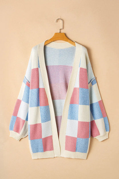 Color Block Open Front Long Sleeve Cardigan Light Blue