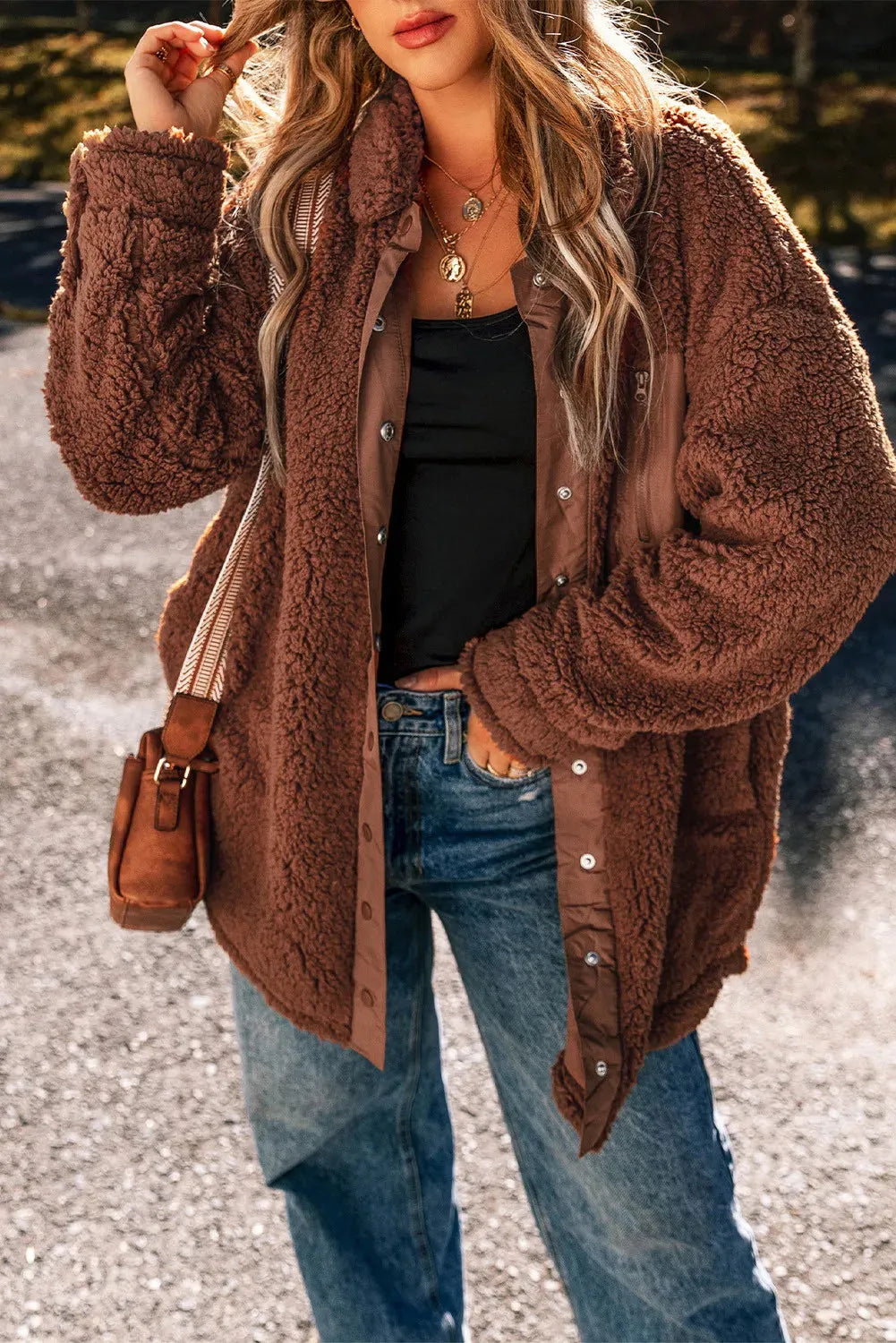 Fuzzy Snap Down Dropped Shoulder Jacket Brown