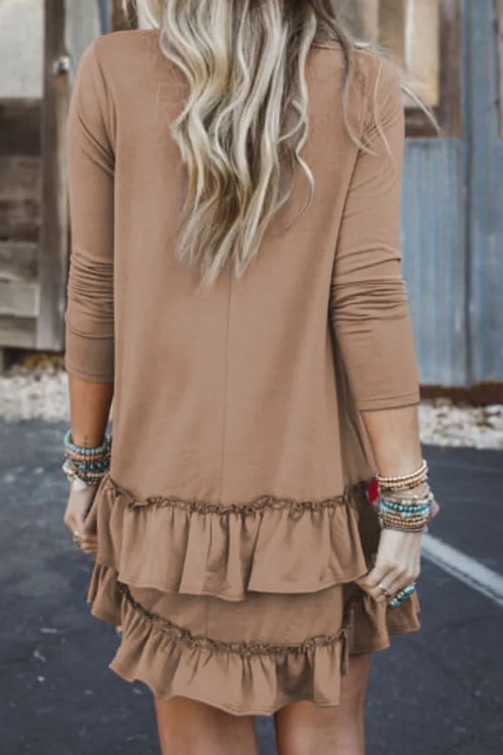 Ruffled Scoop Neck Three-Quarter Sleeve Mini Dress Mocha