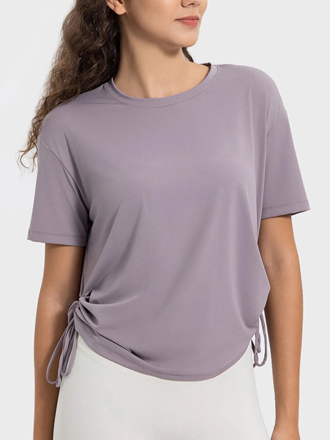 Drawstring Round Neck Short Sleeve Active T-Shirt Lilac