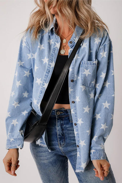 Star Button Up Long Sleeve Denim Jacket Light