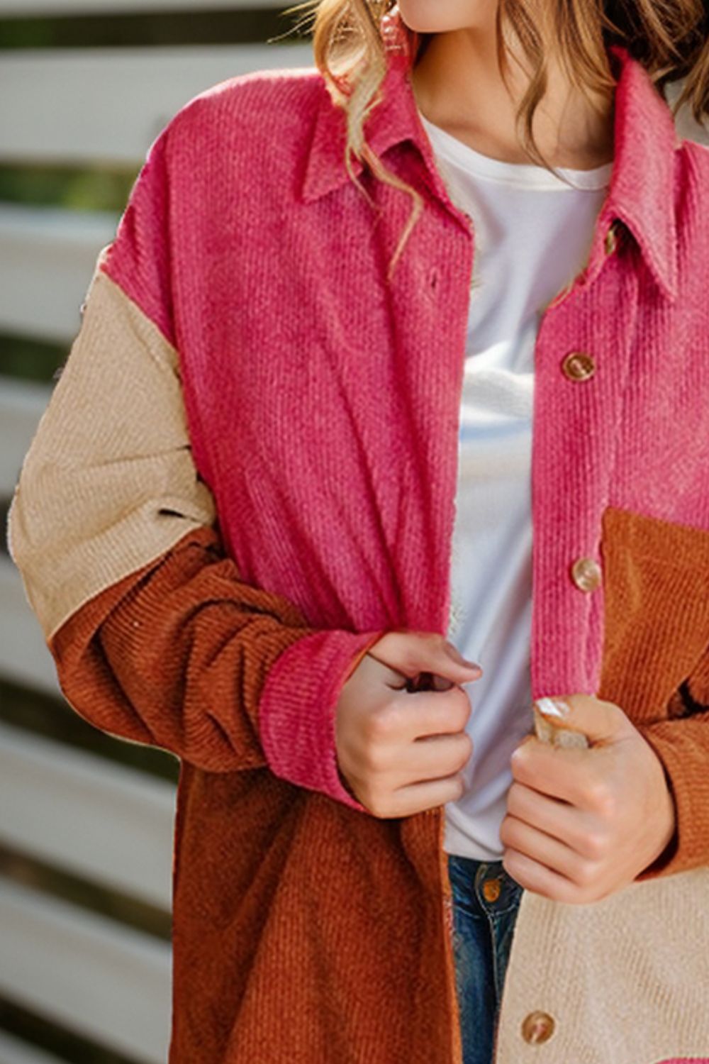 Color Block Long Sleeve Shacket Strawberry